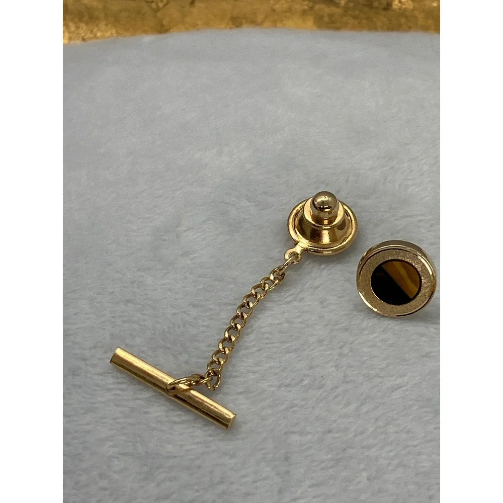 Vtg Gold Tone Tigers Eye/ Onyx Tie Tack Pin Old Money MCM‎ Estate